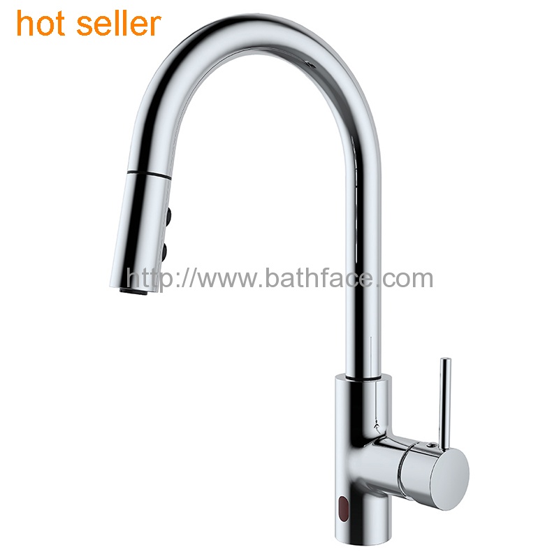 Dual sensor function with manual override. Pull-down sensor+IR sensor. pull-down hand spray with Neoperl aeorator Zinc lever handle. Lead-free brass waterway, Zinc body shell. Ceramic cartridege, stainless steel spout. 1 or 3 hole installation, optional deckplate.